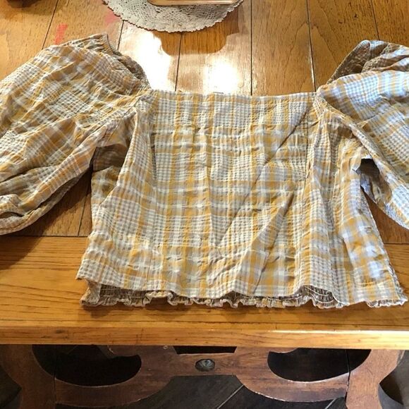 Anthropologie Maeve Yellow Plaid Square Neck Smocked Balloon Sleeve Top - XL - Picture 2 of 11